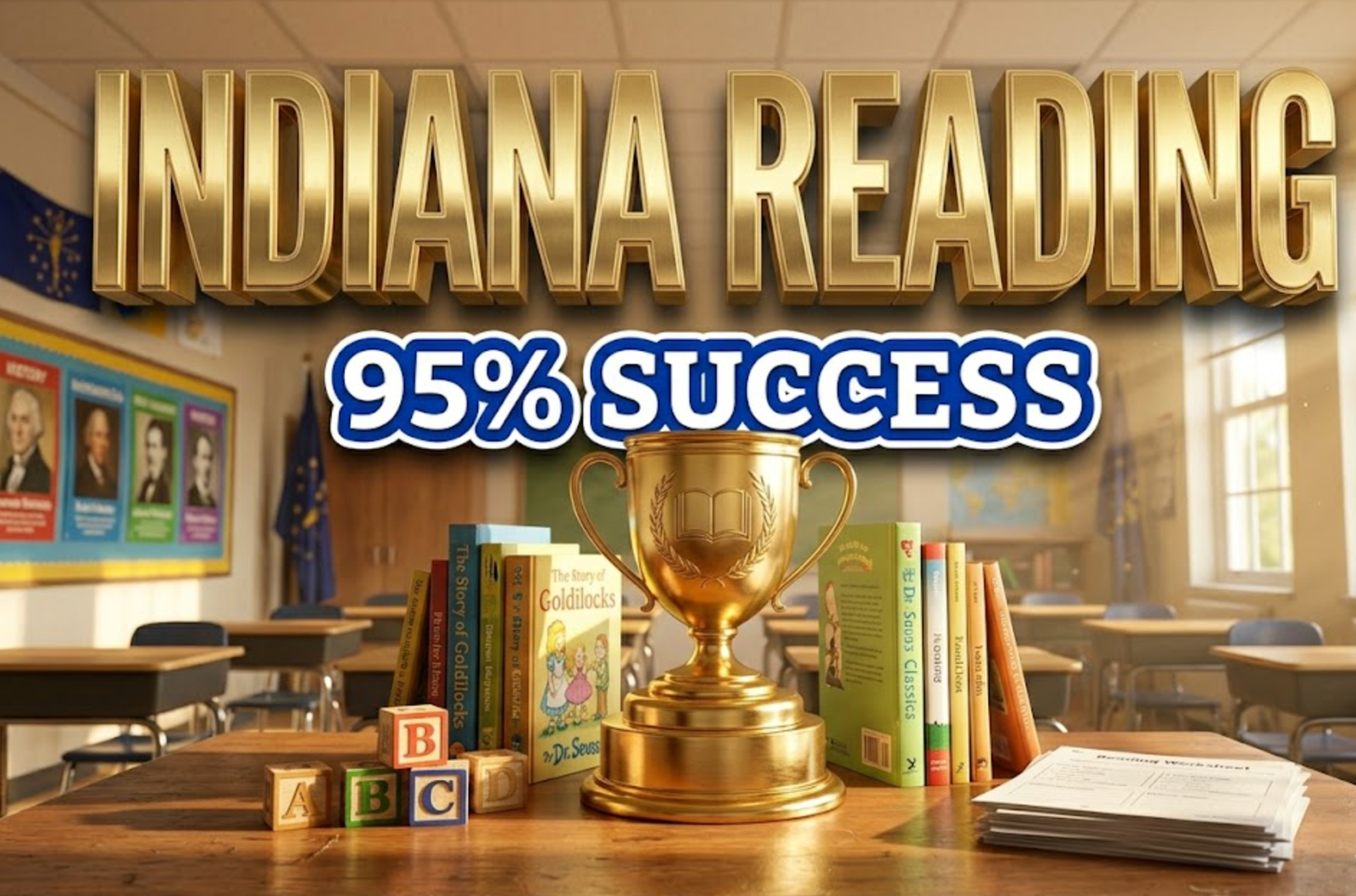 A viral, hyper-realistic YouTube thumbnail with an Academic Achievement atmosphere. The background is a bright Indiana classroom with morning sunlight streaming through windows, featuring desks, educational posters, and subtle state flag colors of blue and gold with dramatic volumetric lighting. The composition uses a Low Angle shot to focus on the main subject: a large, gleaming golden trophy sitting on a wooden desk surrounded by colorful children's books standing upright, with ABC blocks and reading materials artfully arranged around it. Image size should be 3:2. The image features massive 3D typography with strict hierarchy: The Primary Text reads exactly: 'INDIANA READING'. This text is massive, the largest element in the frame, rendered in Polished Gold with embossed lettering and subtle shine to look like a high-budget 3D render. The Secondary Text reads exactly: '95% SUCCESS'. This text is significantly smaller, positioned below the main text. It features a thick, distinct royal blue border with white outline in sticker style to contrast against the background. Make sure text 2 is always different theme, style, effect and border compared to text 1. The text materials correspond to the academic excellence concept. Crucial Instruction: There is absolutely NO other text, numbers, watermarks, or subtitles in this image other than these two specific lines. 8k, Unreal Engine 5, cinematic render.