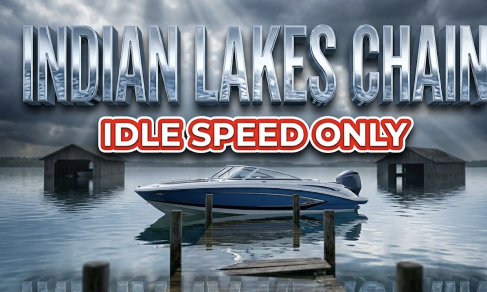 A viral, hyper-realistic YouTube thumbnail with a cautionary outdoor atmosphere. The background is a serene northern Indiana lake with crystal-clear water lapping dangerously high against wooden docks and boathouses, featuring dramatic overcast spring skies with volumetric god rays breaking through storm clouds. The composition uses a Low Angle shot from water level to emphasize the rising water threat, focusing on the main subject: a sleek modern motorboat floating completely still on glassy water with a vintage wooden dock partially submerged in the background. Image size should be 3:2. The image features massive 3D typography with strict hierarchy: The Primary Text reads exactly: 'INDIAN LAKES CHAIN'. This text is massive, the largest element in the frame, rendered in Liquid Chrome with rippling water reflection effects to look like a high-budget 3D render. The Secondary Text reads exactly: 'IDLE SPEED ONLY'. This text is significantly smaller, positioned below the main text. It features a thick, distinct red and white border/outline (sticker style) with bold warning tape aesthetic to contrast against the background. Make sure text 2 is always different theme, style, effect and border compared to text 1. The text materials correspond to the story's concept. Crucial Instruction: There is absolutely NO other text, numbers, watermarks, or subtitles in this image other than these two specific lines. 8k, Unreal Engine 5, cinematic render.