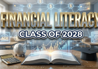 A viral, hyper-realistic YouTube thumbnail with a modern educational atmosphere. The background is a bright classroom transformed into a financial hub with floating dollar signs, credit cards, and digital banking icons in soft blue and gold gradients with professional studio lighting. The composition uses a slightly elevated angle to focus on the main subject: a sleek open textbook with glowing financial graphs rising from its pages, surrounded by a calculator, a piggy bank, and a graduation cap arranged in a dynamic semi-circle. Image size should be 3:2. The image features massive 3D typography with strict hierarchy: The Primary Text reads exactly: 'FINANCIAL LITERACY'. This text is massive, the largest element in the frame, rendered in polished gold and chrome gradient with embossed texture to look like a high-budget 3D render. The Secondary Text reads exactly: 'CLASS OF 2028'. This text is significantly smaller, positioned below the main text. It features a thick, distinct navy blue border with white fill (sticker style) to contrast against the background. Make sure text 2 is always different theme, style, effect and border compared to text 1. The text materials correspond to the story's concept. Crucial Instruction: There is absolutely NO other text, numbers, watermarks, or subtitles in this image other than these two specific lines. 8k, Unreal Engine 5, cinematic render.