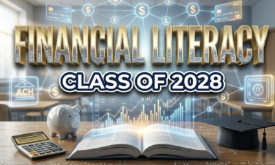 A viral, hyper-realistic YouTube thumbnail with a modern educational atmosphere. The background is a bright classroom transformed into a financial hub with floating dollar signs, credit cards, and digital banking icons in soft blue and gold gradients with professional studio lighting. The composition uses a slightly elevated angle to focus on the main subject: a sleek open textbook with glowing financial graphs rising from its pages, surrounded by a calculator, a piggy bank, and a graduation cap arranged in a dynamic semi-circle. Image size should be 3:2. The image features massive 3D typography with strict hierarchy: The Primary Text reads exactly: 'FINANCIAL LITERACY'. This text is massive, the largest element in the frame, rendered in polished gold and chrome gradient with embossed texture to look like a high-budget 3D render. The Secondary Text reads exactly: 'CLASS OF 2028'. This text is significantly smaller, positioned below the main text. It features a thick, distinct navy blue border with white fill (sticker style) to contrast against the background. Make sure text 2 is always different theme, style, effect and border compared to text 1. The text materials correspond to the story's concept. Crucial Instruction: There is absolutely NO other text, numbers, watermarks, or subtitles in this image other than these two specific lines. 8k, Unreal Engine 5, cinematic render.