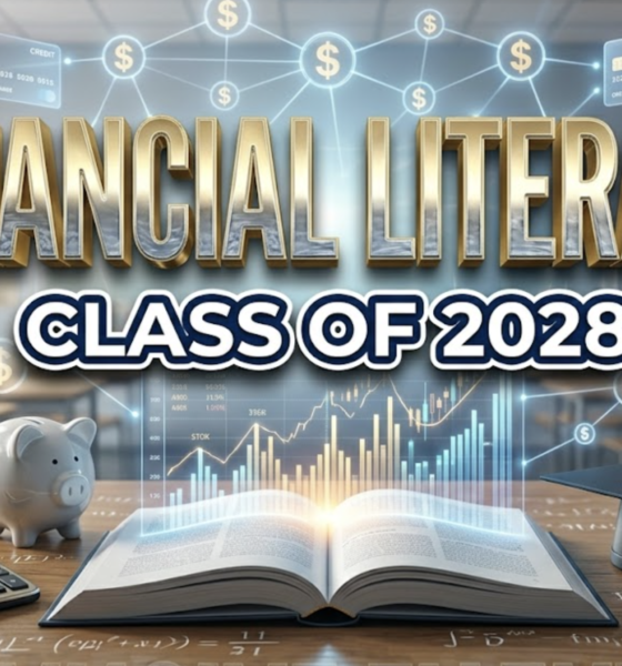 A viral, hyper-realistic YouTube thumbnail with a modern educational atmosphere. The background is a bright classroom transformed into a financial hub with floating dollar signs, credit cards, and digital banking icons in soft blue and gold gradients with professional studio lighting. The composition uses a slightly elevated angle to focus on the main subject: a sleek open textbook with glowing financial graphs rising from its pages, surrounded by a calculator, a piggy bank, and a graduation cap arranged in a dynamic semi-circle. Image size should be 3:2. The image features massive 3D typography with strict hierarchy: The Primary Text reads exactly: 'FINANCIAL LITERACY'. This text is massive, the largest element in the frame, rendered in polished gold and chrome gradient with embossed texture to look like a high-budget 3D render. The Secondary Text reads exactly: 'CLASS OF 2028'. This text is significantly smaller, positioned below the main text. It features a thick, distinct navy blue border with white fill (sticker style) to contrast against the background. Make sure text 2 is always different theme, style, effect and border compared to text 1. The text materials correspond to the story's concept. Crucial Instruction: There is absolutely NO other text, numbers, watermarks, or subtitles in this image other than these two specific lines. 8k, Unreal Engine 5, cinematic render.