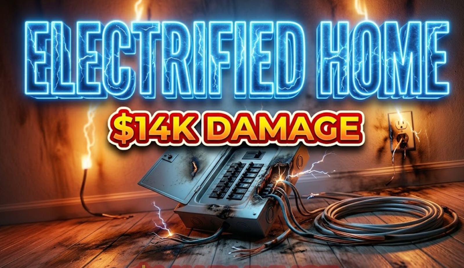 A viral, hyper-realistic YouTube thumbnail with a dramatic electrical hazard atmosphere. The background is a residential home interior with sparking electrical outlets and unstable flickering lights casting ominous shadows, lit by harsh emergency lighting with orange and blue voltage glow. The composition uses a Dutch Angle to create tension, focusing on the main subject: a damaged electrical panel with exposed wires and a fiber optic cable coiled nearby on the floor. Image size should be 3:2. The image features massive 3D typography with strict hierarchy: The Primary Text reads exactly: 'ELECTRIFIED HOME'. This text is massive, the largest element in the frame, rendered in crackling electric blue energy with lightning bolt effects and glowing neon edges to look like a high-budget 3D render. The Secondary Text reads exactly: '$14K DAMAGE'. This text is significantly smaller, positioned below the main text. It features a thick, distinct red and yellow gradient border/outline in bold sticker style to contrast against the background. Make sure text 2 is always different theme, style, effect and border compared to text 1. The text materials correspond to the story's concept of electrical damage and financial loss. Crucial Instruction: There is absolutely NO other text, numbers, watermarks, or subtitles in this image other than these two specific lines. 8k, Unreal Engine 5, cinematic render.