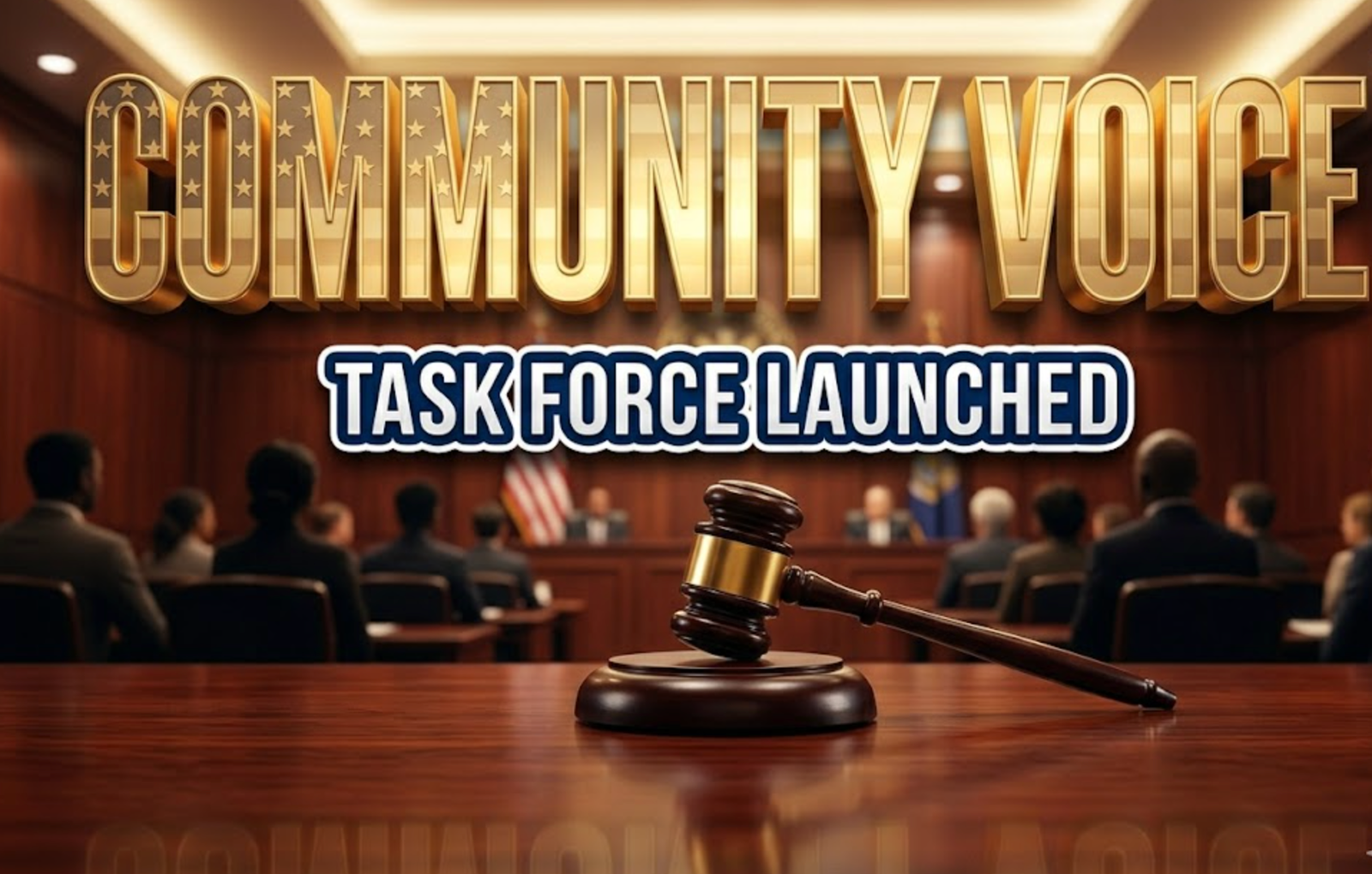 A viral, hyper-realistic YouTube thumbnail with a civic engagement atmosphere. The background is a modern town hall meeting room in Fort Wayne with warm spotlights illuminating wooden podiums and seated silhouettes (no faces visible), captured with dramatic depth of field. The composition uses a low angle shot to focus on the main subject: an elegant wooden gavel resting on a polished mahogany surface with the American flag softly blurred in the background. Image size should be 3:2. The image features massive 3D typography with strict hierarchy: The Primary Text reads exactly: 'COMMUNITY VOICE'. This text is massive, the largest element in the frame, rendered in polished gold with embossed patriotic star patterns to look like a high-budget 3D render with subtle glow effects. The Secondary Text reads exactly: 'TASK FORCE LAUNCHED'. This text is significantly smaller, positioned below the main text. It features a thick, distinct navy blue border with white outline (sticker style) in clean sans-serif font to contrast against the background. Make sure text 2 is always different theme, style, effect and border compared to text 1. The text materials correspond to the story's concept. Crucial Instruction: There is absolutely NO other text, numbers, watermarks, or subtitles in this image other than these two specific lines. 8k, Unreal Engine 5, cinematic render.