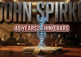 A viral, hyper-realistic YouTube thumbnail with a Legal Drama atmosphere. The background is a dimly lit courtroom with dramatic golden hour lighting streaming through tall windows, casting long shadows across mahogany wooden surfaces and legal documents scattered on a judge's bench. The composition uses a Low Angle shot to focus on the main subject: a pristine DNA double helix structure made of translucent glass and glowing blue bioluminescent material, standing upright on top of weathered case files marked with evidence tags from 1982. Image size should be 3:2. The image features massive 3D typography with strict hierarchy: The Primary Text reads exactly: 'JOHN SPIRKO'. This text is massive, the largest element in the frame, rendered in Brushed Steel with rust undertones to look like a high-budget 3D render with dramatic shadows. The Secondary Text reads exactly: '40 YEARS BEHIND BARS'. This text is significantly smaller, positioned below or next to the main text. It features a thick, distinct blood red border/outline in sticker style to contrast against the background. Make sure text 2 is always different theme, style, effect and border compared to text 1. The text materials correspond to the story's concept. Crucial Instruction: There is absolutely NO other text, numbers, watermarks, or subtitles in this image other than these two specific lines. 8k, Unreal Engine 5, cinematic render.