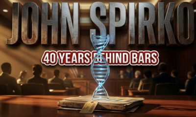 A viral, hyper-realistic YouTube thumbnail with a Legal Drama atmosphere. The background is a dimly lit courtroom with dramatic golden hour lighting streaming through tall windows, casting long shadows across mahogany wooden surfaces and legal documents scattered on a judge's bench. The composition uses a Low Angle shot to focus on the main subject: a pristine DNA double helix structure made of translucent glass and glowing blue bioluminescent material, standing upright on top of weathered case files marked with evidence tags from 1982. Image size should be 3:2. The image features massive 3D typography with strict hierarchy: The Primary Text reads exactly: 'JOHN SPIRKO'. This text is massive, the largest element in the frame, rendered in Brushed Steel with rust undertones to look like a high-budget 3D render with dramatic shadows. The Secondary Text reads exactly: '40 YEARS BEHIND BARS'. This text is significantly smaller, positioned below or next to the main text. It features a thick, distinct blood red border/outline in sticker style to contrast against the background. Make sure text 2 is always different theme, style, effect and border compared to text 1. The text materials correspond to the story's concept. Crucial Instruction: There is absolutely NO other text, numbers, watermarks, or subtitles in this image other than these two specific lines. 8k, Unreal Engine 5, cinematic render.