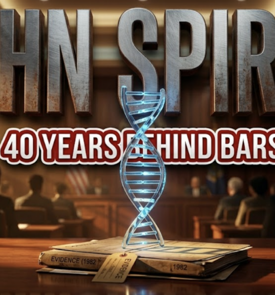 A viral, hyper-realistic YouTube thumbnail with a Legal Drama atmosphere. The background is a dimly lit courtroom with dramatic golden hour lighting streaming through tall windows, casting long shadows across mahogany wooden surfaces and legal documents scattered on a judge's bench. The composition uses a Low Angle shot to focus on the main subject: a pristine DNA double helix structure made of translucent glass and glowing blue bioluminescent material, standing upright on top of weathered case files marked with evidence tags from 1982. Image size should be 3:2. The image features massive 3D typography with strict hierarchy: The Primary Text reads exactly: 'JOHN SPIRKO'. This text is massive, the largest element in the frame, rendered in Brushed Steel with rust undertones to look like a high-budget 3D render with dramatic shadows. The Secondary Text reads exactly: '40 YEARS BEHIND BARS'. This text is significantly smaller, positioned below or next to the main text. It features a thick, distinct blood red border/outline in sticker style to contrast against the background. Make sure text 2 is always different theme, style, effect and border compared to text 1. The text materials correspond to the story's concept. Crucial Instruction: There is absolutely NO other text, numbers, watermarks, or subtitles in this image other than these two specific lines. 8k, Unreal Engine 5, cinematic render.