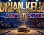 A viral, hyper-realistic YouTube thumbnail with a patriotic concert atmosphere. The background is a massive indoor basketball arena with dramatic spotlight beams cutting through a deep blue and red gradient, American flag colors subtly integrated into the lighting. The composition uses a low angle shot to focus on the main subject: a vintage golden microphone on a stand with musical notes and sound waves radiating outward in glowing particles. Image size should be 3:2. The image features massive 3D typography with strict hierarchy: The Primary Text reads exactly: 'BRIAN KELLY'. This text is massive, the largest element in the frame, rendered in liquid gold chrome with volumetric lighting to look like a high-budget 3D render. The Secondary Text reads exactly: 'VIRAL ANTHEM'. This text is significantly smaller, positioned below the main text. It features a thick, distinct electric blue border/outline (sticker style) with red inner glow to contrast against the background. Make sure text 2 is always different theme, style, effect and border compared to text 1. The text materials correspond to the story's concept. Crucial Instruction: There is absolutely NO other text, numbers, watermarks, or subtitles in this image other than these two specific lines. 8k, Unreal Engine 5, cinematic render.