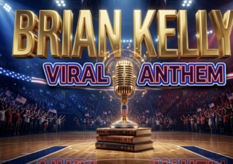 A viral, hyper-realistic YouTube thumbnail with a patriotic concert atmosphere. The background is a massive indoor basketball arena with dramatic spotlight beams cutting through a deep blue and red gradient, American flag colors subtly integrated into the lighting. The composition uses a low angle shot to focus on the main subject: a vintage golden microphone on a stand with musical notes and sound waves radiating outward in glowing particles. Image size should be 3:2. The image features massive 3D typography with strict hierarchy: The Primary Text reads exactly: 'BRIAN KELLY'. This text is massive, the largest element in the frame, rendered in liquid gold chrome with volumetric lighting to look like a high-budget 3D render. The Secondary Text reads exactly: 'VIRAL ANTHEM'. This text is significantly smaller, positioned below the main text. It features a thick, distinct electric blue border/outline (sticker style) with red inner glow to contrast against the background. Make sure text 2 is always different theme, style, effect and border compared to text 1. The text materials correspond to the story's concept. Crucial Instruction: There is absolutely NO other text, numbers, watermarks, or subtitles in this image other than these two specific lines. 8k, Unreal Engine 5, cinematic render.