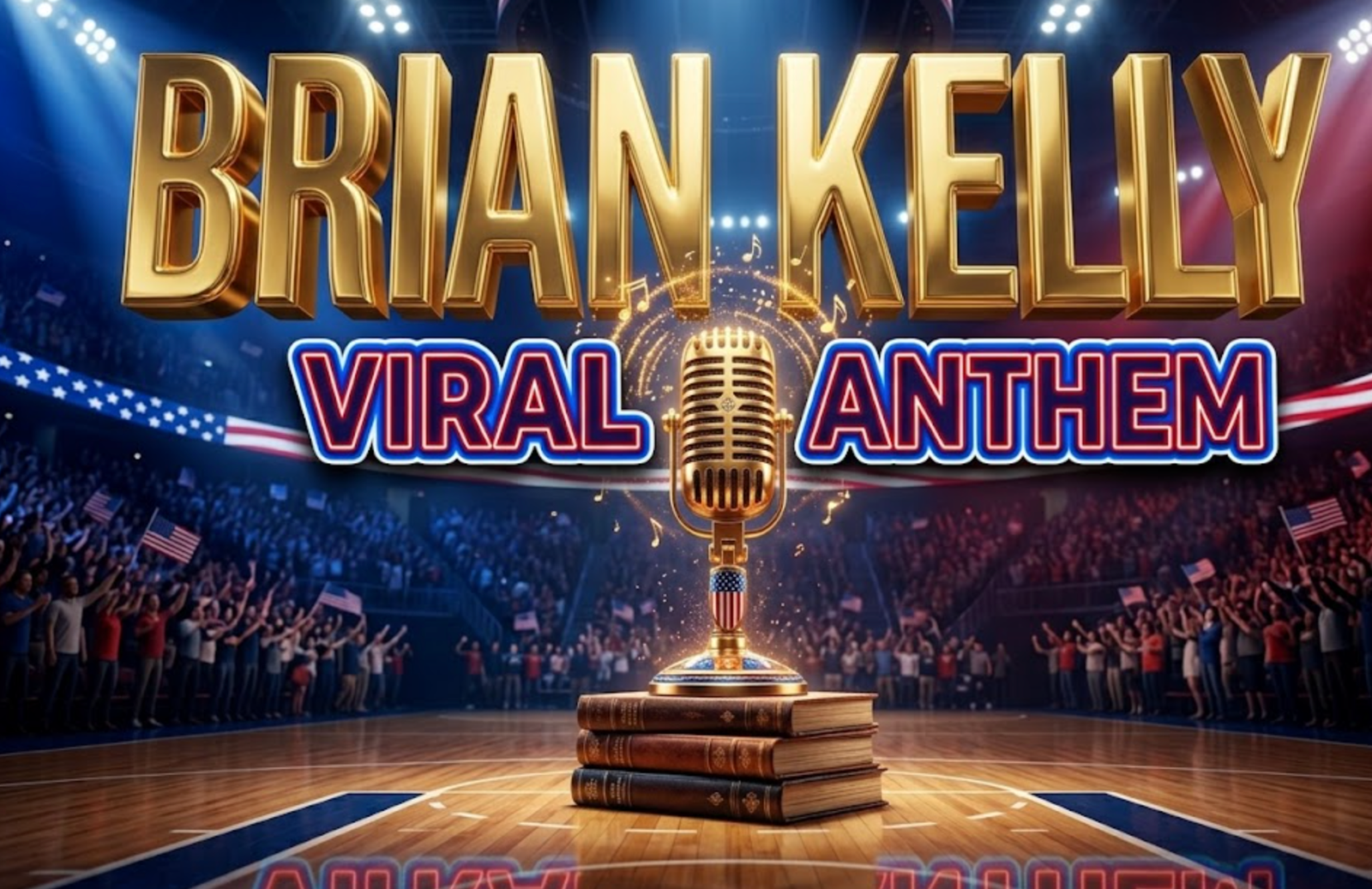 A viral, hyper-realistic YouTube thumbnail with a patriotic concert atmosphere. The background is a massive indoor basketball arena with dramatic spotlight beams cutting through a deep blue and red gradient, American flag colors subtly integrated into the lighting. The composition uses a low angle shot to focus on the main subject: a vintage golden microphone on a stand with musical notes and sound waves radiating outward in glowing particles. Image size should be 3:2. The image features massive 3D typography with strict hierarchy: The Primary Text reads exactly: 'BRIAN KELLY'. This text is massive, the largest element in the frame, rendered in liquid gold chrome with volumetric lighting to look like a high-budget 3D render. The Secondary Text reads exactly: 'VIRAL ANTHEM'. This text is significantly smaller, positioned below the main text. It features a thick, distinct electric blue border/outline (sticker style) with red inner glow to contrast against the background. Make sure text 2 is always different theme, style, effect and border compared to text 1. The text materials correspond to the story's concept. Crucial Instruction: There is absolutely NO other text, numbers, watermarks, or subtitles in this image other than these two specific lines. 8k, Unreal Engine 5, cinematic render.