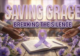 A viral, hyper-realistic YouTube thumbnail with a compassionate, hopeful atmosphere. The background is a softly lit community center interior with warm amber lighting streaming through large windows, creating gentle bokeh effects. The composition uses a Low Angle shot to focus on the main subject: a pristine lavender ribbon elegantly draped over an open notebook with a pen resting beside it, symbolizing advocacy and voice, surrounded by soft purple flowers and supportive hands reaching toward the center without showing faces. Image size should be 3:2. The image features massive 3D typography with strict hierarchy: The Primary Text reads exactly: 'SAVING GRACE'. This text is massive, the largest element in the frame, rendered in Soft Lavender Gradient with Gold Highlights to look like a high-budget 3D render with gentle glow effects. The Secondary Text reads exactly: 'BREAKING THE SILENCE'. This text is significantly smaller, positioned below the main text. It features a thick, distinct white and deep purple border/outline in sticker style to contrast against the background. Make sure text 2 is always different theme, style, effect and border compared to text 1. The text materials correspond to the story's concept of hope and healing. Crucial Instruction: There is absolutely NO other text, numbers, watermarks, or subtitles in this image other than these two specific lines. 8k, Unreal Engine 5, cinematic render.