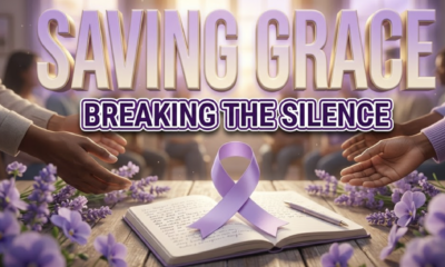 A viral, hyper-realistic YouTube thumbnail with a compassionate, hopeful atmosphere. The background is a softly lit community center interior with warm amber lighting streaming through large windows, creating gentle bokeh effects. The composition uses a Low Angle shot to focus on the main subject: a pristine lavender ribbon elegantly draped over an open notebook with a pen resting beside it, symbolizing advocacy and voice, surrounded by soft purple flowers and supportive hands reaching toward the center without showing faces. Image size should be 3:2. The image features massive 3D typography with strict hierarchy: The Primary Text reads exactly: 'SAVING GRACE'. This text is massive, the largest element in the frame, rendered in Soft Lavender Gradient with Gold Highlights to look like a high-budget 3D render with gentle glow effects. The Secondary Text reads exactly: 'BREAKING THE SILENCE'. This text is significantly smaller, positioned below the main text. It features a thick, distinct white and deep purple border/outline in sticker style to contrast against the background. Make sure text 2 is always different theme, style, effect and border compared to text 1. The text materials correspond to the story's concept of hope and healing. Crucial Instruction: There is absolutely NO other text, numbers, watermarks, or subtitles in this image other than these two specific lines. 8k, Unreal Engine 5, cinematic render.