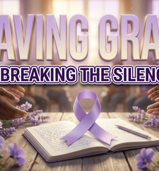 A viral, hyper-realistic YouTube thumbnail with a compassionate, hopeful atmosphere. The background is a softly lit community center interior with warm amber lighting streaming through large windows, creating gentle bokeh effects. The composition uses a Low Angle shot to focus on the main subject: a pristine lavender ribbon elegantly draped over an open notebook with a pen resting beside it, symbolizing advocacy and voice, surrounded by soft purple flowers and supportive hands reaching toward the center without showing faces. Image size should be 3:2. The image features massive 3D typography with strict hierarchy: The Primary Text reads exactly: 'SAVING GRACE'. This text is massive, the largest element in the frame, rendered in Soft Lavender Gradient with Gold Highlights to look like a high-budget 3D render with gentle glow effects. The Secondary Text reads exactly: 'BREAKING THE SILENCE'. This text is significantly smaller, positioned below the main text. It features a thick, distinct white and deep purple border/outline in sticker style to contrast against the background. Make sure text 2 is always different theme, style, effect and border compared to text 1. The text materials correspond to the story's concept of hope and healing. Crucial Instruction: There is absolutely NO other text, numbers, watermarks, or subtitles in this image other than these two specific lines. 8k, Unreal Engine 5, cinematic render.