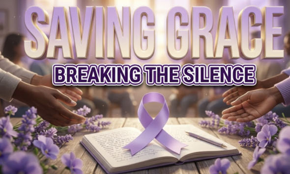 A viral, hyper-realistic YouTube thumbnail with a compassionate, hopeful atmosphere. The background is a softly lit community center interior with warm amber lighting streaming through large windows, creating gentle bokeh effects. The composition uses a Low Angle shot to focus on the main subject: a pristine lavender ribbon elegantly draped over an open notebook with a pen resting beside it, symbolizing advocacy and voice, surrounded by soft purple flowers and supportive hands reaching toward the center without showing faces. Image size should be 3:2. The image features massive 3D typography with strict hierarchy: The Primary Text reads exactly: 'SAVING GRACE'. This text is massive, the largest element in the frame, rendered in Soft Lavender Gradient with Gold Highlights to look like a high-budget 3D render with gentle glow effects. The Secondary Text reads exactly: 'BREAKING THE SILENCE'. This text is significantly smaller, positioned below the main text. It features a thick, distinct white and deep purple border/outline in sticker style to contrast against the background. Make sure text 2 is always different theme, style, effect and border compared to text 1. The text materials correspond to the story's concept of hope and healing. Crucial Instruction: There is absolutely NO other text, numbers, watermarks, or subtitles in this image other than these two specific lines. 8k, Unreal Engine 5, cinematic render.