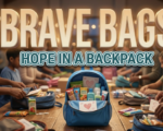 A viral, hyper-realistic YouTube thumbnail with a heartwarming community support atmosphere. The background is a warm, softly lit community center interior with volunteers packing colorful backpacks on wooden tables, blurred bokeh lights creating an emotional glow. The composition uses a slightly elevated angle to focus on the main subject: a bright blue children's backpack sitting open on a table, filled with visible care items including food packages, hygiene products, and handwritten cards with hearts. Image size should be 3:2. The image features massive 3D typography with strict hierarchy: The Primary Text reads exactly: 'BRAVE BAGS'. This text is massive, the largest element in the frame, rendered in soft gradient gold with gentle embossed texture to look like a high-budget 3D render with warmth and hope. The Secondary Text reads exactly: 'HOPE IN A BACKPACK'. This text is significantly smaller, positioned below the main text. It features a thick, distinct white and teal border/outline in sticker style to contrast against the background. Make sure text 2 is always different theme, style, effect and border compared to text 1. The text materials correspond to the story's concept of compassion and community care. Crucial Instruction: There is absolutely NO other text, numbers, watermarks, or subtitles in this image other than these two specific lines. 8k, Unreal Engine 5, cinematic render.