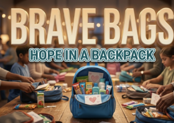 A viral, hyper-realistic YouTube thumbnail with a heartwarming community support atmosphere. The background is a warm, softly lit community center interior with volunteers packing colorful backpacks on wooden tables, blurred bokeh lights creating an emotional glow. The composition uses a slightly elevated angle to focus on the main subject: a bright blue children's backpack sitting open on a table, filled with visible care items including food packages, hygiene products, and handwritten cards with hearts. Image size should be 3:2. The image features massive 3D typography with strict hierarchy: The Primary Text reads exactly: 'BRAVE BAGS'. This text is massive, the largest element in the frame, rendered in soft gradient gold with gentle embossed texture to look like a high-budget 3D render with warmth and hope. The Secondary Text reads exactly: 'HOPE IN A BACKPACK'. This text is significantly smaller, positioned below the main text. It features a thick, distinct white and teal border/outline in sticker style to contrast against the background. Make sure text 2 is always different theme, style, effect and border compared to text 1. The text materials correspond to the story's concept of compassion and community care. Crucial Instruction: There is absolutely NO other text, numbers, watermarks, or subtitles in this image other than these two specific lines. 8k, Unreal Engine 5, cinematic render.
