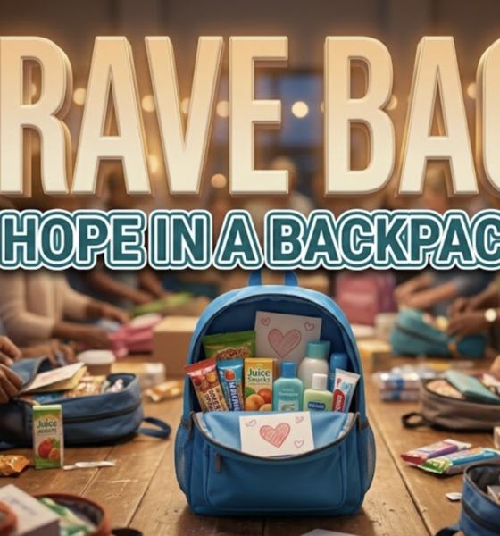 A viral, hyper-realistic YouTube thumbnail with a heartwarming community support atmosphere. The background is a warm, softly lit community center interior with volunteers packing colorful backpacks on wooden tables, blurred bokeh lights creating an emotional glow. The composition uses a slightly elevated angle to focus on the main subject: a bright blue children's backpack sitting open on a table, filled with visible care items including food packages, hygiene products, and handwritten cards with hearts. Image size should be 3:2. The image features massive 3D typography with strict hierarchy: The Primary Text reads exactly: 'BRAVE BAGS'. This text is massive, the largest element in the frame, rendered in soft gradient gold with gentle embossed texture to look like a high-budget 3D render with warmth and hope. The Secondary Text reads exactly: 'HOPE IN A BACKPACK'. This text is significantly smaller, positioned below the main text. It features a thick, distinct white and teal border/outline in sticker style to contrast against the background. Make sure text 2 is always different theme, style, effect and border compared to text 1. The text materials correspond to the story's concept of compassion and community care. Crucial Instruction: There is absolutely NO other text, numbers, watermarks, or subtitles in this image other than these two specific lines. 8k, Unreal Engine 5, cinematic render.