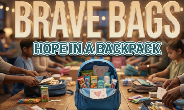 A viral, hyper-realistic YouTube thumbnail with a heartwarming community support atmosphere. The background is a warm, softly lit community center interior with volunteers packing colorful backpacks on wooden tables, blurred bokeh lights creating an emotional glow. The composition uses a slightly elevated angle to focus on the main subject: a bright blue children's backpack sitting open on a table, filled with visible care items including food packages, hygiene products, and handwritten cards with hearts. Image size should be 3:2. The image features massive 3D typography with strict hierarchy: The Primary Text reads exactly: 'BRAVE BAGS'. This text is massive, the largest element in the frame, rendered in soft gradient gold with gentle embossed texture to look like a high-budget 3D render with warmth and hope. The Secondary Text reads exactly: 'HOPE IN A BACKPACK'. This text is significantly smaller, positioned below the main text. It features a thick, distinct white and teal border/outline in sticker style to contrast against the background. Make sure text 2 is always different theme, style, effect and border compared to text 1. The text materials correspond to the story's concept of compassion and community care. Crucial Instruction: There is absolutely NO other text, numbers, watermarks, or subtitles in this image other than these two specific lines. 8k, Unreal Engine 5, cinematic render.