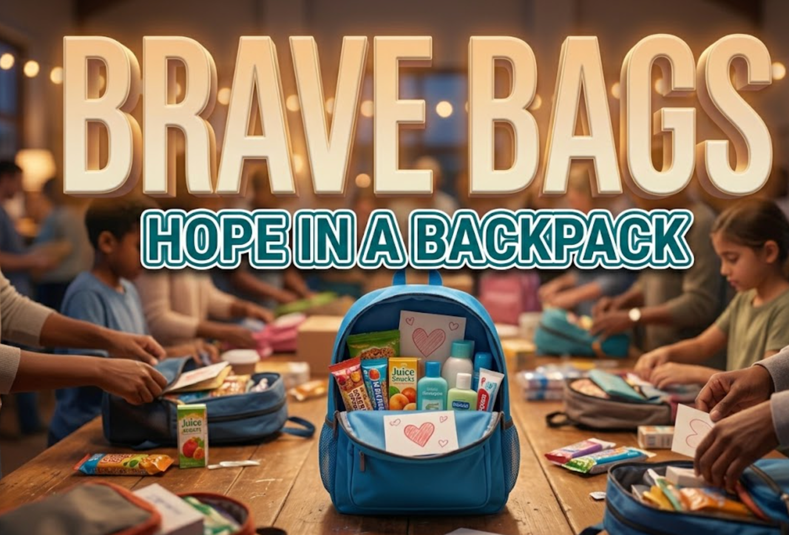 A viral, hyper-realistic YouTube thumbnail with a heartwarming community support atmosphere. The background is a warm, softly lit community center interior with volunteers packing colorful backpacks on wooden tables, blurred bokeh lights creating an emotional glow. The composition uses a slightly elevated angle to focus on the main subject: a bright blue children's backpack sitting open on a table, filled with visible care items including food packages, hygiene products, and handwritten cards with hearts. Image size should be 3:2. The image features massive 3D typography with strict hierarchy: The Primary Text reads exactly: 'BRAVE BAGS'. This text is massive, the largest element in the frame, rendered in soft gradient gold with gentle embossed texture to look like a high-budget 3D render with warmth and hope. The Secondary Text reads exactly: 'HOPE IN A BACKPACK'. This text is significantly smaller, positioned below the main text. It features a thick, distinct white and teal border/outline in sticker style to contrast against the background. Make sure text 2 is always different theme, style, effect and border compared to text 1. The text materials correspond to the story's concept of compassion and community care. Crucial Instruction: There is absolutely NO other text, numbers, watermarks, or subtitles in this image other than these two specific lines. 8k, Unreal Engine 5, cinematic render.