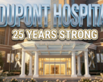 A viral, hyper-realistic YouTube thumbnail with a Healthcare Excellence atmosphere. The background is a modern hospital exterior with warm golden hour lighting cascading across glass windows and brick facade, creating an inspiring and trustworthy mood with soft bokeh effects in the foreground. The composition uses a Low Angle shot to focus on the main subject: a grand illuminated hospital entrance with pristine white columns, automatic doors reflecting warm interior light, and manicured landscaping with subtle anniversary celebration elements like elegant banners. Image size should be 3:2. The image features massive 3D typography with strict hierarchy: The Primary Text reads exactly: 'DUPONT HOSPITAL'. This text is massive, the largest element in the frame, rendered in Premium Medical Chrome with soft blue accent lighting to look like a high-budget 3D render with clean, professional aesthetic. The Secondary Text reads exactly: '25 YEARS STRONG'. This text is significantly smaller, positioned below the main text. It features a thick, distinct gold border with white fill (sticker style) to contrast against the background with a celebration ribbon effect. Make sure text 2 is always different theme, style, effect and border compared to text 1. The text materials correspond to the story's medical milestone concept. Crucial Instruction: There is absolutely NO other text, numbers, watermarks, or subtitles in this image other than these two specific lines. 8k, Unreal Engine 5, cinematic render.