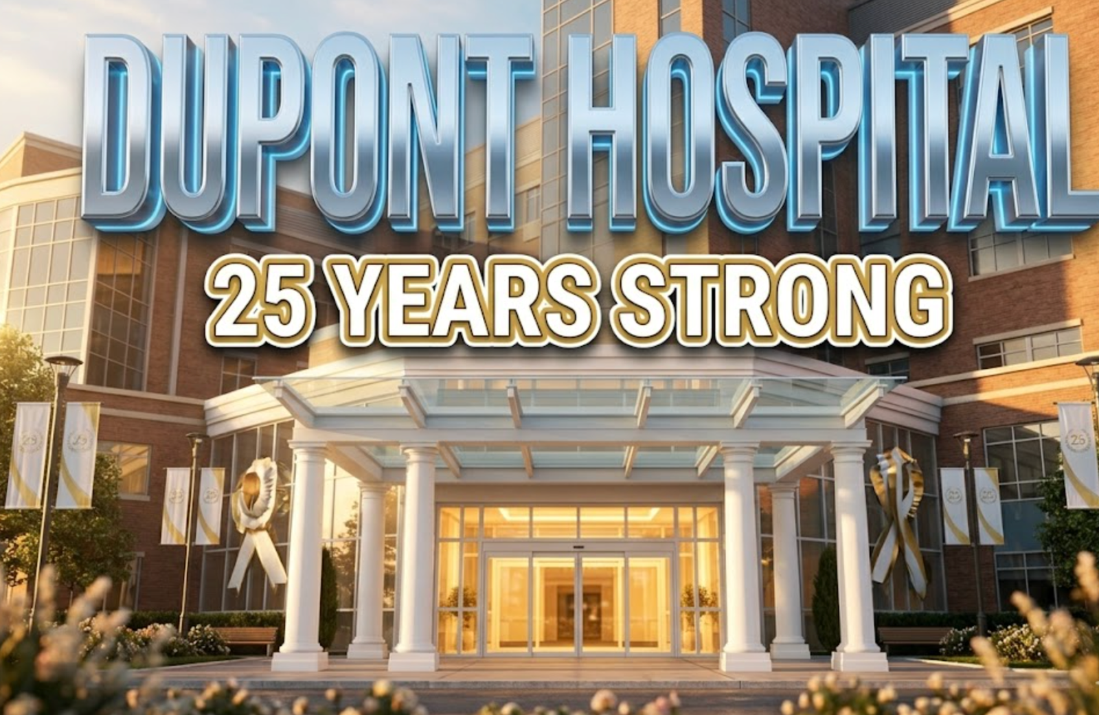 A viral, hyper-realistic YouTube thumbnail with a Healthcare Excellence atmosphere. The background is a modern hospital exterior with warm golden hour lighting cascading across glass windows and brick facade, creating an inspiring and trustworthy mood with soft bokeh effects in the foreground. The composition uses a Low Angle shot to focus on the main subject: a grand illuminated hospital entrance with pristine white columns, automatic doors reflecting warm interior light, and manicured landscaping with subtle anniversary celebration elements like elegant banners. Image size should be 3:2. The image features massive 3D typography with strict hierarchy: The Primary Text reads exactly: 'DUPONT HOSPITAL'. This text is massive, the largest element in the frame, rendered in Premium Medical Chrome with soft blue accent lighting to look like a high-budget 3D render with clean, professional aesthetic. The Secondary Text reads exactly: '25 YEARS STRONG'. This text is significantly smaller, positioned below the main text. It features a thick, distinct gold border with white fill (sticker style) to contrast against the background with a celebration ribbon effect. Make sure text 2 is always different theme, style, effect and border compared to text 1. The text materials correspond to the story's medical milestone concept. Crucial Instruction: There is absolutely NO other text, numbers, watermarks, or subtitles in this image other than these two specific lines. 8k, Unreal Engine 5, cinematic render.