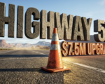 A viral, hyper-realistic YouTube thumbnail with an industrial and high-action atmosphere. The background is a wide Colorado highway stretching toward distant mesas under a bright morning sun with heat haze effects. The composition uses a Low Angle to focus on the main subject: a bright orange, weathered traffic cone reflecting the sunlight. Image size should be 3:2. The image features massive 3D typography with strict hierarchy: The Primary Text reads exactly: 'HIGHWAY 50'. This text is massive, the largest element in the frame, rendered in a gritty, asphalt and cracked stone texture to look like a high-budget 3D render. The Secondary Text reads exactly: '$7.5M UPGRADE'. This text is significantly smaller, positioned below the main text. It features a thick, distinct neon orange border to contrast against the blue sky and grey road. The text materials correspond to the story's concept. Crucial Instruction: There is absolutely NO other text, numbers, watermarks, or subtitles in this image other than these two specific lines. 8k, Unreal Engine 5, cinematic render
