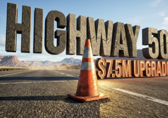 A viral, hyper-realistic YouTube thumbnail with an industrial and high-action atmosphere. The background is a wide Colorado highway stretching toward distant mesas under a bright morning sun with heat haze effects. The composition uses a Low Angle to focus on the main subject: a bright orange, weathered traffic cone reflecting the sunlight. Image size should be 3:2. The image features massive 3D typography with strict hierarchy: The Primary Text reads exactly: 'HIGHWAY 50'. This text is massive, the largest element in the frame, rendered in a gritty, asphalt and cracked stone texture to look like a high-budget 3D render. The Secondary Text reads exactly: '$7.5M UPGRADE'. This text is significantly smaller, positioned below the main text. It features a thick, distinct neon orange border to contrast against the blue sky and grey road. The text materials correspond to the story's concept. Crucial Instruction: There is absolutely NO other text, numbers, watermarks, or subtitles in this image other than these two specific lines. 8k, Unreal Engine 5, cinematic render