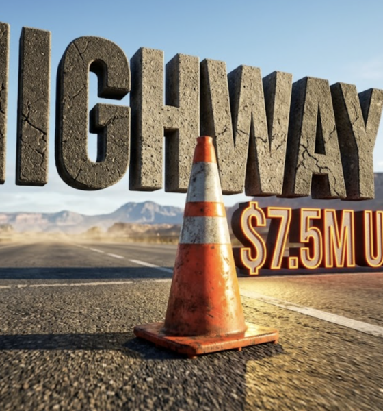 A viral, hyper-realistic YouTube thumbnail with an industrial and high-action atmosphere. The background is a wide Colorado highway stretching toward distant mesas under a bright morning sun with heat haze effects. The composition uses a Low Angle to focus on the main subject: a bright orange, weathered traffic cone reflecting the sunlight. Image size should be 3:2. The image features massive 3D typography with strict hierarchy: The Primary Text reads exactly: 'HIGHWAY 50'. This text is massive, the largest element in the frame, rendered in a gritty, asphalt and cracked stone texture to look like a high-budget 3D render. The Secondary Text reads exactly: '$7.5M UPGRADE'. This text is significantly smaller, positioned below the main text. It features a thick, distinct neon orange border to contrast against the blue sky and grey road. The text materials correspond to the story's concept. Crucial Instruction: There is absolutely NO other text, numbers, watermarks, or subtitles in this image other than these two specific lines. 8k, Unreal Engine 5, cinematic render