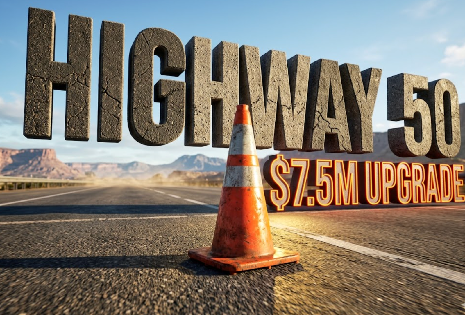 A viral, hyper-realistic YouTube thumbnail with an industrial and high-action atmosphere. The background is a wide Colorado highway stretching toward distant mesas under a bright morning sun with heat haze effects. The composition uses a Low Angle to focus on the main subject: a bright orange, weathered traffic cone reflecting the sunlight. Image size should be 3:2. The image features massive 3D typography with strict hierarchy: The Primary Text reads exactly: 'HIGHWAY 50'. This text is massive, the largest element in the frame, rendered in a gritty, asphalt and cracked stone texture to look like a high-budget 3D render. The Secondary Text reads exactly: '$7.5M UPGRADE'. This text is significantly smaller, positioned below the main text. It features a thick, distinct neon orange border to contrast against the blue sky and grey road. The text materials correspond to the story's concept. Crucial Instruction: There is absolutely NO other text, numbers, watermarks, or subtitles in this image other than these two specific lines. 8k, Unreal Engine 5, cinematic render