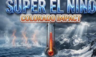 A viral, hyper-realistic YouTube thumbnail with a dramatic meteorological atmosphere. The background is a split-scene showing the deep blue Pacific Ocean with rising heat waves on the left merging into snow-covered Colorado mountains under stormy skies on the right, with cinematic volumetric lighting cutting through dark clouds. The composition uses a wide-angle hero shot to focus on the main subject: a massive 3D thermometer emerging from ocean waters, its mercury glowing bright red, positioned against mountain peaks. Image size should be 3:2. The image features massive 3D typography with strict hierarchy: The Primary Text reads exactly: 'SUPER EL NIÑO'. This text is massive, the largest element in the frame, rendered in liquid chrome with electric blue energy waves rippling across the surface to look like a high-budget 3D render. The Secondary Text reads exactly: 'COLORADO IMPACT'. This text is significantly smaller, positioned below the main text. It features a thick, distinct white and orange gradient border outline in sticker style with a subtle glow effect to contrast against the background. Make sure text 2 is always different theme, style, effect and border compared to text 1. The text materials correspond to the story's concept. Crucial Instruction: There is absolutely NO other text, numbers, watermarks, or subtitles in this image other than these two specific lines. 8k, Unreal Engine 5, cinematic render.