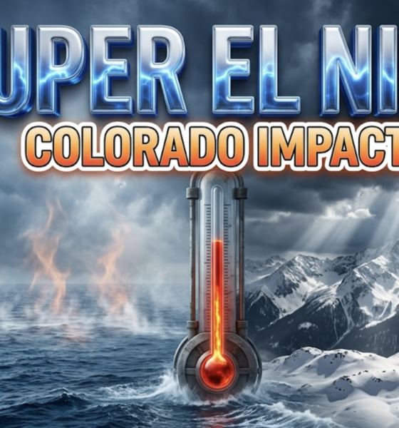 A viral, hyper-realistic YouTube thumbnail with a dramatic meteorological atmosphere. The background is a split-scene showing the deep blue Pacific Ocean with rising heat waves on the left merging into snow-covered Colorado mountains under stormy skies on the right, with cinematic volumetric lighting cutting through dark clouds. The composition uses a wide-angle hero shot to focus on the main subject: a massive 3D thermometer emerging from ocean waters, its mercury glowing bright red, positioned against mountain peaks. Image size should be 3:2. The image features massive 3D typography with strict hierarchy: The Primary Text reads exactly: 'SUPER EL NIÑO'. This text is massive, the largest element in the frame, rendered in liquid chrome with electric blue energy waves rippling across the surface to look like a high-budget 3D render. The Secondary Text reads exactly: 'COLORADO IMPACT'. This text is significantly smaller, positioned below the main text. It features a thick, distinct white and orange gradient border outline in sticker style with a subtle glow effect to contrast against the background. Make sure text 2 is always different theme, style, effect and border compared to text 1. The text materials correspond to the story's concept. Crucial Instruction: There is absolutely NO other text, numbers, watermarks, or subtitles in this image other than these two specific lines. 8k, Unreal Engine 5, cinematic render.