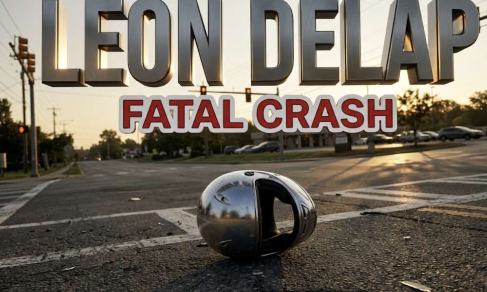 A viral, hyper-realistic news thumbnail with a somber, documentary-style atmosphere. The background is a suburban intersection at golden hour with traffic lights, road markings, and a distant parking lot entrance, bathed in soft, directional sunlight creating long shadows. The composition uses a low-angle Dutch tilt to create visual tension, focusing on the main subject: a chrome motorcycle helmet lying on asphalt with visible road texture and paint markings. Image size should be 3:2. The image features massive 3D typography with strict hierarchy: The Primary Text reads exactly: 'LEON DELAP'. This text is massive, the largest element in the frame, rendered in Brushed Steel with dramatic rim lighting to look like a high-budget 3D memorial render. The Secondary Text reads exactly: 'FATAL CRASH'. This text is significantly smaller, positioned below the main text. It features a thick, distinct red and white border/outline (sticker style) with a matte finish to contrast against the background. Make sure text 2 is always different theme, style, effect and border compared to text 1. The text materials correspond to the story's somber, memorial concept. Crucial Instruction: There is absolutely NO other text, numbers, watermarks, or subtitles in this image other than these two specific lines. 8k, Unreal Engine 5,
