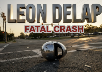 A viral, hyper-realistic news thumbnail with a somber, documentary-style atmosphere. The background is a suburban intersection at golden hour with traffic lights, road markings, and a distant parking lot entrance, bathed in soft, directional sunlight creating long shadows. The composition uses a low-angle Dutch tilt to create visual tension, focusing on the main subject: a chrome motorcycle helmet lying on asphalt with visible road texture and paint markings. Image size should be 3:2. The image features massive 3D typography with strict hierarchy: The Primary Text reads exactly: 'LEON DELAP'. This text is massive, the largest element in the frame, rendered in Brushed Steel with dramatic rim lighting to look like a high-budget 3D memorial render. The Secondary Text reads exactly: 'FATAL CRASH'. This text is significantly smaller, positioned below the main text. It features a thick, distinct red and white border/outline (sticker style) with a matte finish to contrast against the background. Make sure text 2 is always different theme, style, effect and border compared to text 1. The text materials correspond to the story's somber, memorial concept. Crucial Instruction: There is absolutely NO other text, numbers, watermarks, or subtitles in this image other than these two specific lines. 8k, Unreal Engine 5,