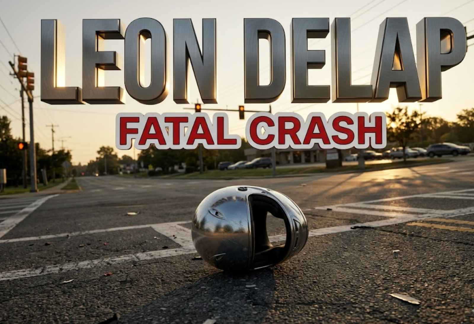 A viral, hyper-realistic news thumbnail with a somber, documentary-style atmosphere. The background is a suburban intersection at golden hour with traffic lights, road markings, and a distant parking lot entrance, bathed in soft, directional sunlight creating long shadows. The composition uses a low-angle Dutch tilt to create visual tension, focusing on the main subject: a chrome motorcycle helmet lying on asphalt with visible road texture and paint markings. Image size should be 3:2. The image features massive 3D typography with strict hierarchy: The Primary Text reads exactly: 'LEON DELAP'. This text is massive, the largest element in the frame, rendered in Brushed Steel with dramatic rim lighting to look like a high-budget 3D memorial render. The Secondary Text reads exactly: 'FATAL CRASH'. This text is significantly smaller, positioned below the main text. It features a thick, distinct red and white border/outline (sticker style) with a matte finish to contrast against the background. Make sure text 2 is always different theme, style, effect and border compared to text 1. The text materials correspond to the story's somber, memorial concept. Crucial Instruction: There is absolutely NO other text, numbers, watermarks, or subtitles in this image other than these two specific lines. 8k, Unreal Engine 5,