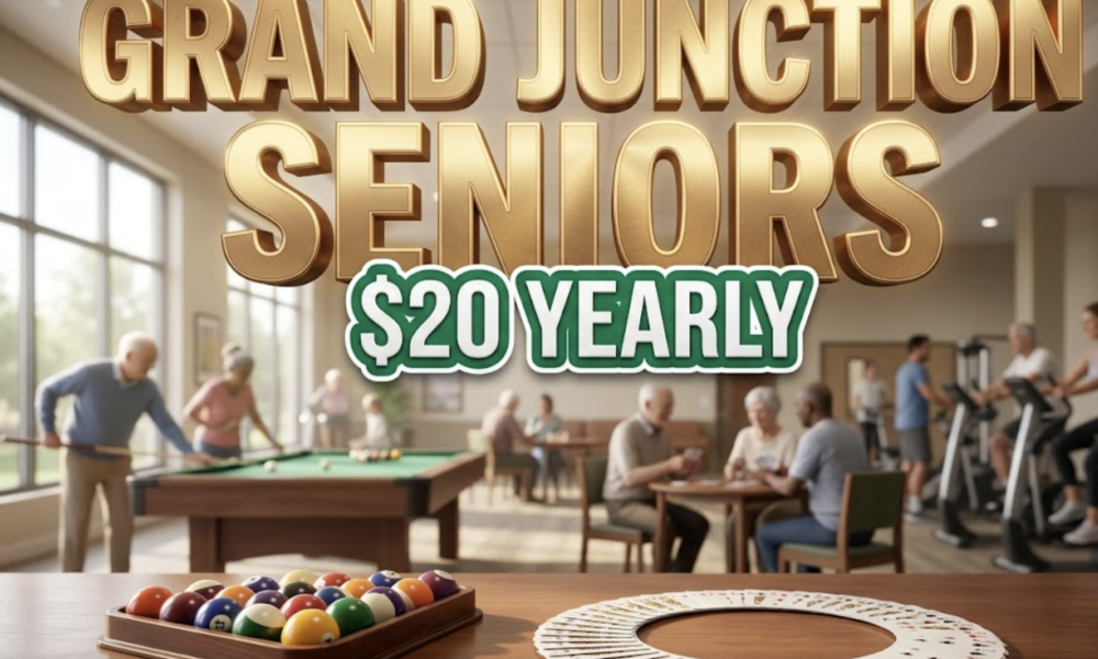 A viral, hyper-realistic YouTube thumbnail with a warm, community-focused lifestyle atmosphere. The background is a welcoming recreation center interior with soft natural lighting streaming through large windows, featuring pool tables, card tables, and exercise equipment in soft focus. The composition uses a medium-wide angle to showcase the inviting space with a prominent billiard ball rack and playing cards arranged artistically in the foreground as the main subject. Image size should be 3:2. The image features massive 3D typography with strict hierarchy: The Primary Text reads exactly: 'GRAND JUNCTION SENIORS'. This text is massive, the largest element in the frame, rendered in warm golden chrome with subtle embossed texture to look like a high-budget 3D render with soft glow effects. The Secondary Text reads exactly: '$20 YEARLY'. This text is significantly smaller, positioned below the main text. It features a thick, distinct emerald green border with white fill (sticker style) to contrast against the background. Make sure text 2 is always different theme, style, effect and border compared to text 1. The text materials correspond to the story's concept of affordable community wellness. Crucial Instruction: There is absolutely NO other text, numbers, watermarks, or subtitles in this image other than these two specific lines. 8k, Unreal Engine 5, cinematic render