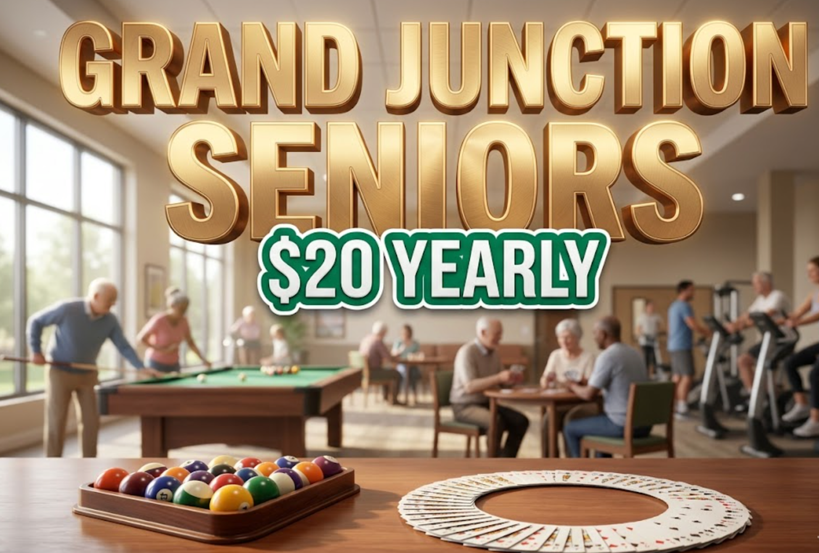 A viral, hyper-realistic YouTube thumbnail with a warm, community-focused lifestyle atmosphere. The background is a welcoming recreation center interior with soft natural lighting streaming through large windows, featuring pool tables, card tables, and exercise equipment in soft focus. The composition uses a medium-wide angle to showcase the inviting space with a prominent billiard ball rack and playing cards arranged artistically in the foreground as the main subject. Image size should be 3:2. The image features massive 3D typography with strict hierarchy: The Primary Text reads exactly: 'GRAND JUNCTION SENIORS'. This text is massive, the largest element in the frame, rendered in warm golden chrome with subtle embossed texture to look like a high-budget 3D render with soft glow effects. The Secondary Text reads exactly: '$20 YEARLY'. This text is significantly smaller, positioned below the main text. It features a thick, distinct emerald green border with white fill (sticker style) to contrast against the background. Make sure text 2 is always different theme, style, effect and border compared to text 1. The text materials correspond to the story's concept of affordable community wellness. Crucial Instruction: There is absolutely NO other text, numbers, watermarks, or subtitles in this image other than these two specific lines. 8k, Unreal Engine 5, cinematic render