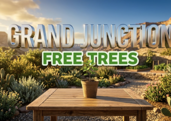 A viral, hyper-realistic YouTube thumbnail with a Lifestyle atmosphere. The background is a sunny, lush residential garden in a desert mountain valley with warm, golden hour sunlight. The composition uses a Low Angle to focus on the main subject: a small green tree seedling in a simple biodegradable pot sitting on a clean wooden garden table. Image size should be 3:2. The image features massive 3D typography with strict hierarchy: The Primary Text reads exactly: 'GRAND JUNCTION'. This text is massive, the largest element in the frame, rendered in Chrome to look like a high-budget 3D render. The Secondary Text reads exactly: 'FREE TREES'. This text is significantly smaller, positioned below the main text. It features a thick, distinct bright green sticker-style border to contrast against the background. The text materials correspond to the story's concept. Crucial Instruction: There is absolutely NO other text, numbers, watermarks, or subtitles in this image other than these two specific lines. 8k, Unreal Engine 5, cinematic render.