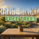 A viral, hyper-realistic YouTube thumbnail with a Lifestyle atmosphere. The background is a sunny, lush residential garden in a desert mountain valley with warm, golden hour sunlight. The composition uses a Low Angle to focus on the main subject: a small green tree seedling in a simple biodegradable pot sitting on a clean wooden garden table. Image size should be 3:2. The image features massive 3D typography with strict hierarchy: The Primary Text reads exactly: 'GRAND JUNCTION'. This text is massive, the largest element in the frame, rendered in Chrome to look like a high-budget 3D render. The Secondary Text reads exactly: 'FREE TREES'. This text is significantly smaller, positioned below the main text. It features a thick, distinct bright green sticker-style border to contrast against the background. The text materials correspond to the story's concept. Crucial Instruction: There is absolutely NO other text, numbers, watermarks, or subtitles in this image other than these two specific lines. 8k, Unreal Engine 5, cinematic render.