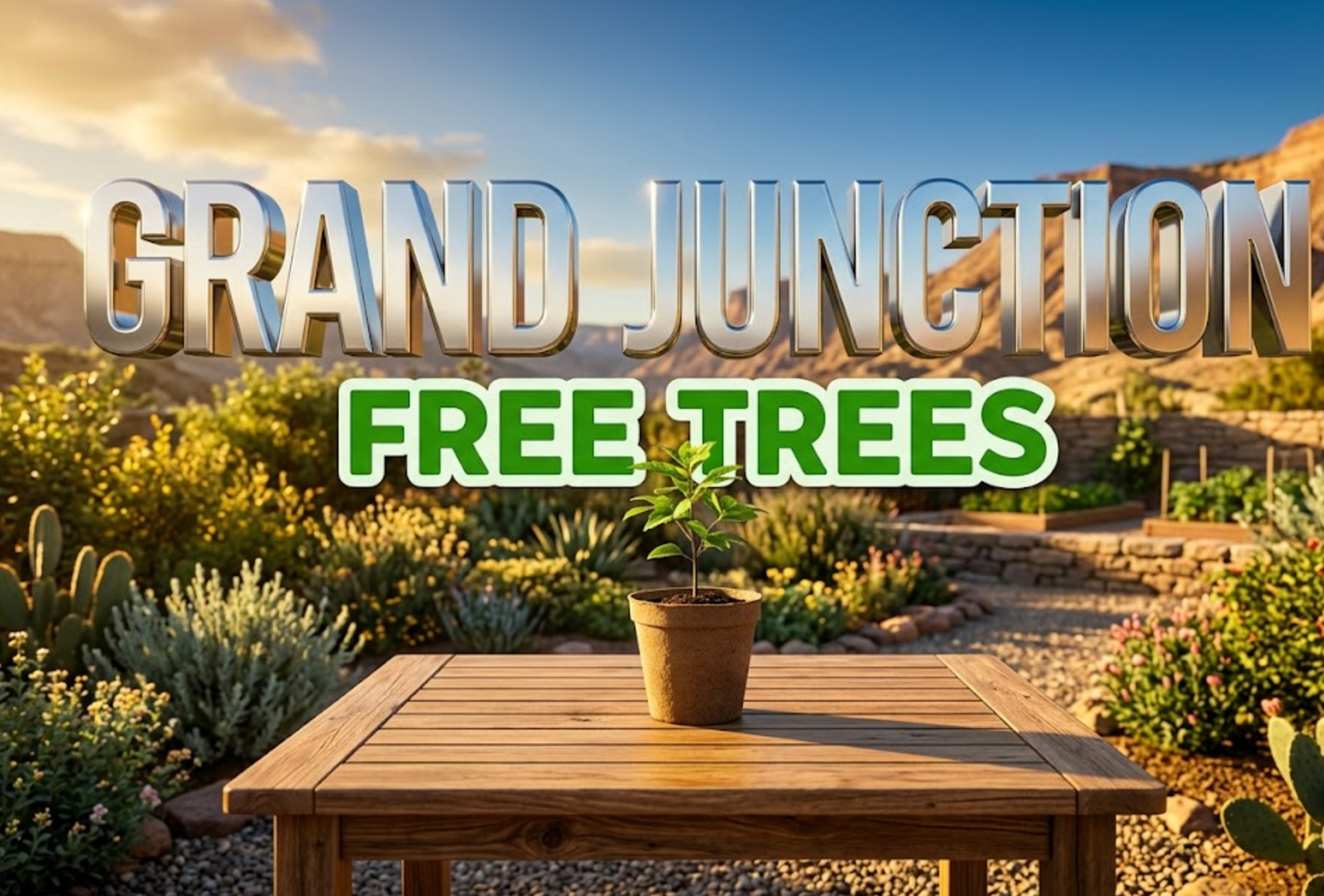 A viral, hyper-realistic YouTube thumbnail with a Lifestyle atmosphere. The background is a sunny, lush residential garden in a desert mountain valley with warm, golden hour sunlight. The composition uses a Low Angle to focus on the main subject: a small green tree seedling in a simple biodegradable pot sitting on a clean wooden garden table. Image size should be 3:2. The image features massive 3D typography with strict hierarchy: The Primary Text reads exactly: 'GRAND JUNCTION'. This text is massive, the largest element in the frame, rendered in Chrome to look like a high-budget 3D render. The Secondary Text reads exactly: 'FREE TREES'. This text is significantly smaller, positioned below the main text. It features a thick, distinct bright green sticker-style border to contrast against the background. The text materials correspond to the story's concept. Crucial Instruction: There is absolutely NO other text, numbers, watermarks, or subtitles in this image other than these two specific lines. 8k, Unreal Engine 5, cinematic render.