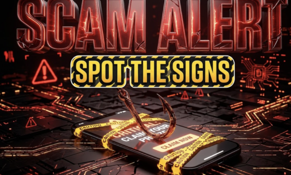 A viral, hyper-realistic YouTube thumbnail with a cautionary cybersecurity atmosphere. The background is a dark digital landscape with glowing red warning symbols, circuit board patterns, and fragmented data streams with dramatic red and amber lighting creating a sense of danger. The composition uses a low angle shot to focus on the main subject: a sleek smartphone screen displaying a suspicious message with a menacing fishing hook emerging from it, wrapped in glowing caution tape. Image size should be 3:2. The image features massive 3D typography with strict hierarchy: The Primary Text reads exactly: 'SCAM ALERT'. This text is massive, the largest element in the frame, rendered in metallic red chrome with electric warning light effects to look like a high-budget 3D render. The Secondary Text reads exactly: 'SPOT THE SIGNS'. This text is significantly smaller, positioned below the main text. It features a thick, distinct yellow and black striped border outline (sticker style) to contrast against the background. Make sure text 2 is always different theme, style, effect and border compared to text 1. The text materials correspond to the story's concept. Crucial Instruction: There is absolutely NO other text, numbers, watermarks, or subtitles in this image other than these two specific lines. 8k, Unreal Engine 5, cinematic render.