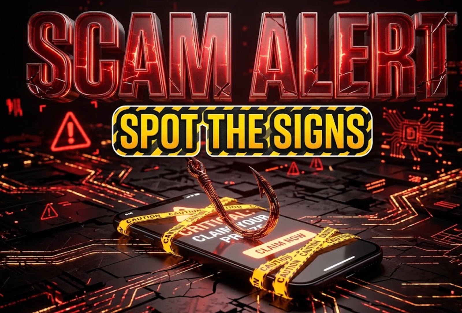A viral, hyper-realistic YouTube thumbnail with a cautionary cybersecurity atmosphere. The background is a dark digital landscape with glowing red warning symbols, circuit board patterns, and fragmented data streams with dramatic red and amber lighting creating a sense of danger. The composition uses a low angle shot to focus on the main subject: a sleek smartphone screen displaying a suspicious message with a menacing fishing hook emerging from it, wrapped in glowing caution tape. Image size should be 3:2. The image features massive 3D typography with strict hierarchy: The Primary Text reads exactly: 'SCAM ALERT'. This text is massive, the largest element in the frame, rendered in metallic red chrome with electric warning light effects to look like a high-budget 3D render. The Secondary Text reads exactly: 'SPOT THE SIGNS'. This text is significantly smaller, positioned below the main text. It features a thick, distinct yellow and black striped border outline (sticker style) to contrast against the background. Make sure text 2 is always different theme, style, effect and border compared to text 1. The text materials correspond to the story's concept. Crucial Instruction: There is absolutely NO other text, numbers, watermarks, or subtitles in this image other than these two specific lines. 8k, Unreal Engine 5, cinematic render.