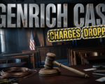 A viral, hyper-realistic YouTube thumbnail with a dark, investigative crime atmosphere. The background is a shadowy courtroom interior with dramatic side lighting creating hard shadows across wooden benches and an American flag, with subtle blue and amber color grading. The composition uses a low angle dutch tilt to create tension, focusing on the main subject: a weathered judge's gavel lying next to coiled copper wires and scattered metal tools on a dark mahogany desk surface, with evidence tags visible. Image size should be 3:2. The image features massive 3D typography with strict hierarchy: The Primary Text reads exactly: 'GENRICH CASE'. This text is massive, the largest element in the frame, rendered in brushed steel with rust stains to look like a high-budget 3D render with dramatic shadows. The Secondary Text reads exactly: 'CHARGES DROPPED'. This text is significantly smaller, positioned below the main text. It features a thick, distinct yellow and black border/outline (sticker style) with a caution tape texture to contrast against the background. Make sure text 2 is always different theme, style, effect and border compared to text 1. The text materials correspond to the story's concept. Crucial Instruction: There is absolutely NO other text, numbers, watermarks, or subtitles in this image other than these two specific lines. 8k, Unreal Engine 5, cinematic render.