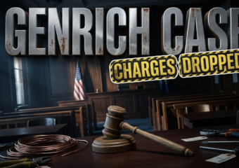 A viral, hyper-realistic YouTube thumbnail with a dark, investigative crime atmosphere. The background is a shadowy courtroom interior with dramatic side lighting creating hard shadows across wooden benches and an American flag, with subtle blue and amber color grading. The composition uses a low angle dutch tilt to create tension, focusing on the main subject: a weathered judge's gavel lying next to coiled copper wires and scattered metal tools on a dark mahogany desk surface, with evidence tags visible. Image size should be 3:2. The image features massive 3D typography with strict hierarchy: The Primary Text reads exactly: 'GENRICH CASE'. This text is massive, the largest element in the frame, rendered in brushed steel with rust stains to look like a high-budget 3D render with dramatic shadows. The Secondary Text reads exactly: 'CHARGES DROPPED'. This text is significantly smaller, positioned below the main text. It features a thick, distinct yellow and black border/outline (sticker style) with a caution tape texture to contrast against the background. Make sure text 2 is always different theme, style, effect and border compared to text 1. The text materials correspond to the story's concept. Crucial Instruction: There is absolutely NO other text, numbers, watermarks, or subtitles in this image other than these two specific lines. 8k, Unreal Engine 5, cinematic render.