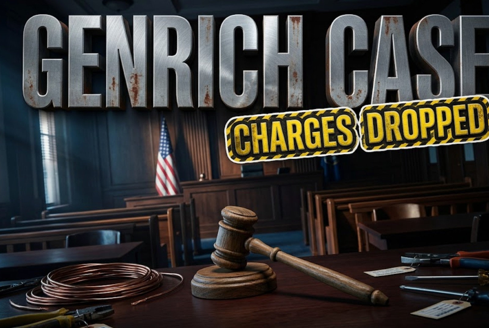 A viral, hyper-realistic YouTube thumbnail with a dark, investigative crime atmosphere. The background is a shadowy courtroom interior with dramatic side lighting creating hard shadows across wooden benches and an American flag, with subtle blue and amber color grading. The composition uses a low angle dutch tilt to create tension, focusing on the main subject: a weathered judge's gavel lying next to coiled copper wires and scattered metal tools on a dark mahogany desk surface, with evidence tags visible. Image size should be 3:2. The image features massive 3D typography with strict hierarchy: The Primary Text reads exactly: 'GENRICH CASE'. This text is massive, the largest element in the frame, rendered in brushed steel with rust stains to look like a high-budget 3D render with dramatic shadows. The Secondary Text reads exactly: 'CHARGES DROPPED'. This text is significantly smaller, positioned below the main text. It features a thick, distinct yellow and black border/outline (sticker style) with a caution tape texture to contrast against the background. Make sure text 2 is always different theme, style, effect and border compared to text 1. The text materials correspond to the story's concept. Crucial Instruction: There is absolutely NO other text, numbers, watermarks, or subtitles in this image other than these two specific lines. 8k, Unreal Engine 5, cinematic render.