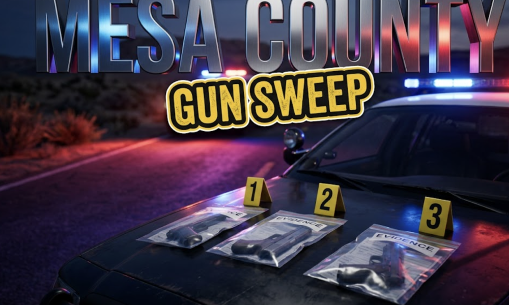 A viral, hyper-realistic YouTube thumbnail with a Law Enforcement Investigation atmosphere. The background is a dimly lit Colorado roadside at dusk with red and blue police lights creating dramatic illumination across asphalt and desert brush with sharp cinematic lighting. The composition uses a Low Angle Shot to focus on the main subject: three realistic evidence bags containing confiscated firearms laid out on the hood of a patrol car with evidence markers beside them. Image size should be 3:2. The image features massive 3D typography with strict hierarchy: The Primary Text reads exactly: 'MESA COUNTY'. This text is massive, the largest element in the frame, rendered in Polished Steel with Blue Police Light Reflections to look like a high-budget 3D render. The Secondary Text reads exactly: 'GUN SWEEP'. This text is significantly smaller, positioned below the main text. It features a thick, distinct yellow and black border outline (sticker style) to contrast against the background. Make sure text 2 is always different theme, style, effect and border compared to text 1. The text materials correspond to the story's concept. Crucial Instruction: There is absolutely NO other text, numbers, watermarks, or subtitles in this image other than these two specific lines. 8k, Unreal Engine 5, cinematic render.