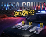 A viral, hyper-realistic YouTube thumbnail with a Law Enforcement Investigation atmosphere. The background is a dimly lit Colorado roadside at dusk with red and blue police lights creating dramatic illumination across asphalt and desert brush with sharp cinematic lighting. The composition uses a Low Angle Shot to focus on the main subject: three realistic evidence bags containing confiscated firearms laid out on the hood of a patrol car with evidence markers beside them. Image size should be 3:2. The image features massive 3D typography with strict hierarchy: The Primary Text reads exactly: 'MESA COUNTY'. This text is massive, the largest element in the frame, rendered in Polished Steel with Blue Police Light Reflections to look like a high-budget 3D render. The Secondary Text reads exactly: 'GUN SWEEP'. This text is significantly smaller, positioned below the main text. It features a thick, distinct yellow and black border outline (sticker style) to contrast against the background. Make sure text 2 is always different theme, style, effect and border compared to text 1. The text materials correspond to the story's concept. Crucial Instruction: There is absolutely NO other text, numbers, watermarks, or subtitles in this image other than these two specific lines. 8k, Unreal Engine 5, cinematic render.
