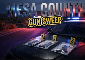 A viral, hyper-realistic YouTube thumbnail with a Law Enforcement Investigation atmosphere. The background is a dimly lit Colorado roadside at dusk with red and blue police lights creating dramatic illumination across asphalt and desert brush with sharp cinematic lighting. The composition uses a Low Angle Shot to focus on the main subject: three realistic evidence bags containing confiscated firearms laid out on the hood of a patrol car with evidence markers beside them. Image size should be 3:2. The image features massive 3D typography with strict hierarchy: The Primary Text reads exactly: 'MESA COUNTY'. This text is massive, the largest element in the frame, rendered in Polished Steel with Blue Police Light Reflections to look like a high-budget 3D render. The Secondary Text reads exactly: 'GUN SWEEP'. This text is significantly smaller, positioned below the main text. It features a thick, distinct yellow and black border outline (sticker style) to contrast against the background. Make sure text 2 is always different theme, style, effect and border compared to text 1. The text materials correspond to the story's concept. Crucial Instruction: There is absolutely NO other text, numbers, watermarks, or subtitles in this image other than these two specific lines. 8k, Unreal Engine 5, cinematic render.