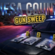 A viral, hyper-realistic YouTube thumbnail with a Law Enforcement Investigation atmosphere. The background is a dimly lit Colorado roadside at dusk with red and blue police lights creating dramatic illumination across asphalt and desert brush with sharp cinematic lighting. The composition uses a Low Angle Shot to focus on the main subject: three realistic evidence bags containing confiscated firearms laid out on the hood of a patrol car with evidence markers beside them. Image size should be 3:2. The image features massive 3D typography with strict hierarchy: The Primary Text reads exactly: 'MESA COUNTY'. This text is massive, the largest element in the frame, rendered in Polished Steel with Blue Police Light Reflections to look like a high-budget 3D render. The Secondary Text reads exactly: 'GUN SWEEP'. This text is significantly smaller, positioned below the main text. It features a thick, distinct yellow and black border outline (sticker style) to contrast against the background. Make sure text 2 is always different theme, style, effect and border compared to text 1. The text materials correspond to the story's concept. Crucial Instruction: There is absolutely NO other text, numbers, watermarks, or subtitles in this image other than these two specific lines. 8k, Unreal Engine 5, cinematic render.