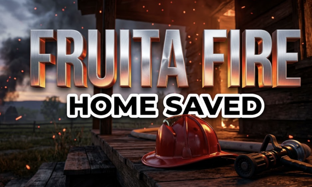 A viral, hyper-realistic YouTube thumbnail with a kinetic and intense atmosphere. The background is a rural landscape at dusk with orange and red embers flying through the air and dark smoke rising from a burning wooden structure. The composition uses a low angle for power to focus on the main subject: a gleaming red fire helmet sitting on a scorched wooden porch with a professional fire hose nozzle next to it. Image size should be 3:2. The image features massive 3D typography with strict hierarchy: The Primary Text reads exactly: 'FRUITA FIRE'. This text is massive, the largest element in the frame, rendered in brushed chrome with a fire glow reflection to look like a high budget 3D render. The Secondary Text reads exactly: 'HOME SAVED'. This text is significantly smaller, positioned below the main text. It features a thick, distinct white sticker style border to contrast against the dark smoky background. Make sure text 2 is a clean, bold sans serif font compared to the industrial look of text 1. The text materials correspond to the story concept of fire and rescue. Crucial Instruction: There is absolutely NO other text, numbers, watermarks, or subtitles in this image other than these two specific lines. 8k, Unreal Engine 5, cinematic render.