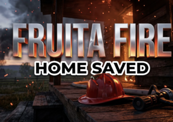 A viral, hyper-realistic YouTube thumbnail with a kinetic and intense atmosphere. The background is a rural landscape at dusk with orange and red embers flying through the air and dark smoke rising from a burning wooden structure. The composition uses a low angle for power to focus on the main subject: a gleaming red fire helmet sitting on a scorched wooden porch with a professional fire hose nozzle next to it. Image size should be 3:2. The image features massive 3D typography with strict hierarchy: The Primary Text reads exactly: 'FRUITA FIRE'. This text is massive, the largest element in the frame, rendered in brushed chrome with a fire glow reflection to look like a high budget 3D render. The Secondary Text reads exactly: 'HOME SAVED'. This text is significantly smaller, positioned below the main text. It features a thick, distinct white sticker style border to contrast against the dark smoky background. Make sure text 2 is a clean, bold sans serif font compared to the industrial look of text 1. The text materials correspond to the story concept of fire and rescue. Crucial Instruction: There is absolutely NO other text, numbers, watermarks, or subtitles in this image other than these two specific lines. 8k, Unreal Engine 5, cinematic render.