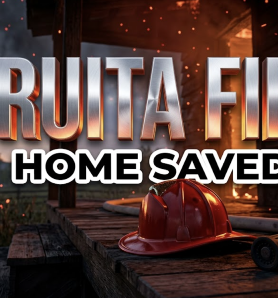 A viral, hyper-realistic YouTube thumbnail with a kinetic and intense atmosphere. The background is a rural landscape at dusk with orange and red embers flying through the air and dark smoke rising from a burning wooden structure. The composition uses a low angle for power to focus on the main subject: a gleaming red fire helmet sitting on a scorched wooden porch with a professional fire hose nozzle next to it. Image size should be 3:2. The image features massive 3D typography with strict hierarchy: The Primary Text reads exactly: 'FRUITA FIRE'. This text is massive, the largest element in the frame, rendered in brushed chrome with a fire glow reflection to look like a high budget 3D render. The Secondary Text reads exactly: 'HOME SAVED'. This text is significantly smaller, positioned below the main text. It features a thick, distinct white sticker style border to contrast against the dark smoky background. Make sure text 2 is a clean, bold sans serif font compared to the industrial look of text 1. The text materials correspond to the story concept of fire and rescue. Crucial Instruction: There is absolutely NO other text, numbers, watermarks, or subtitles in this image other than these two specific lines. 8k, Unreal Engine 5, cinematic render.